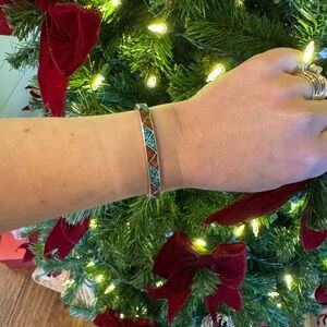 Vintage Native American Sterling Silver Crushed Turquoise and Coral Inlay Cuff